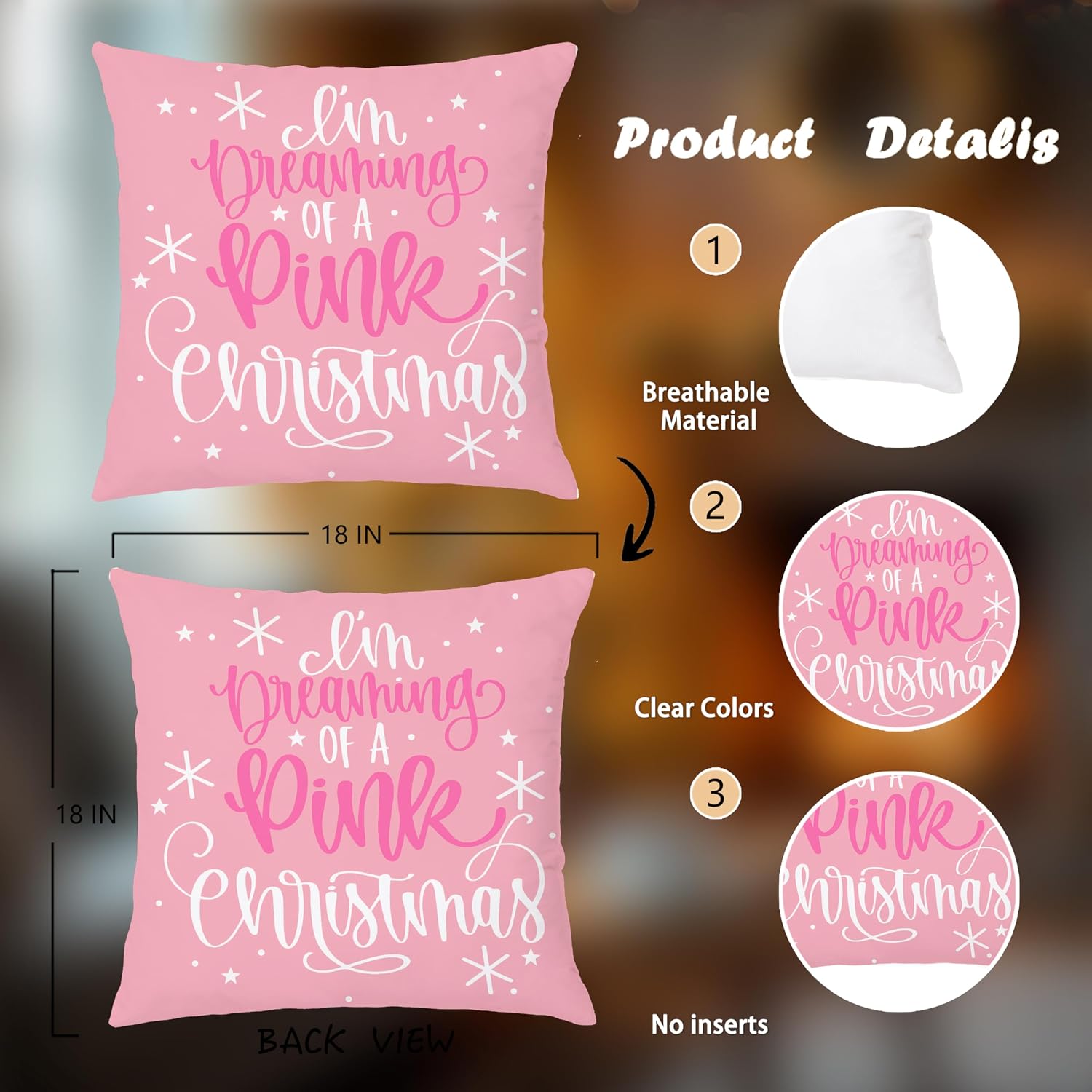 Pink Christmas Pillow Covers 18x18 Double-Sided, I'm Dreaming of a Pink Christmas Decorative Throw Pillow Covers for Girls Room Dorm Home Bedroom Living Room